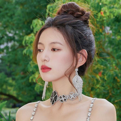 DOLLY Elegant Black Big Flower Diamond Chocker Chic Necklace-AMAL