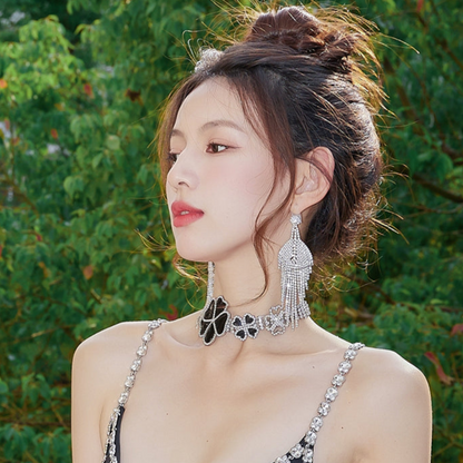 DOLLY Elegant Black Big Flower Diamond Chocker Chic Necklace-AMAL