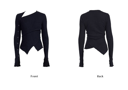 TINY IN button sleeve asymmetric knit women's black top-TAKA