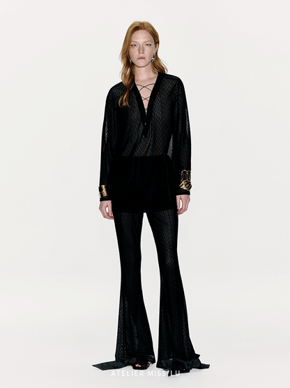 ATELIER MISS LU Flocking Design Sheer Cross-strap Top - KNEAD