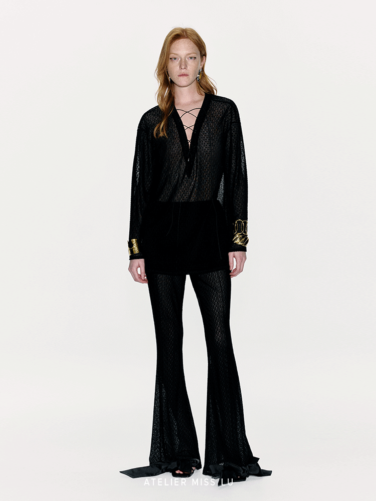 ATELIER MISS LU Flocking Design Sheer Cross-strap Top - KNEAD.