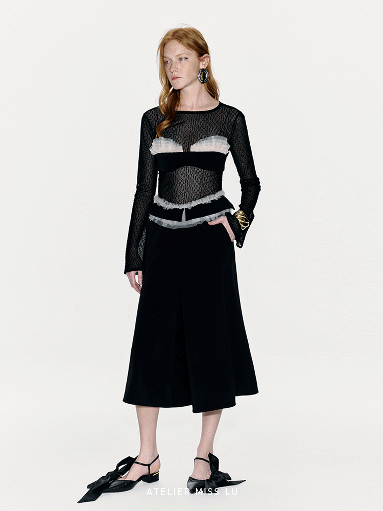 ATELIER MISS LU Waist Tulle Panel Design Wide Leg Pants - ARINA