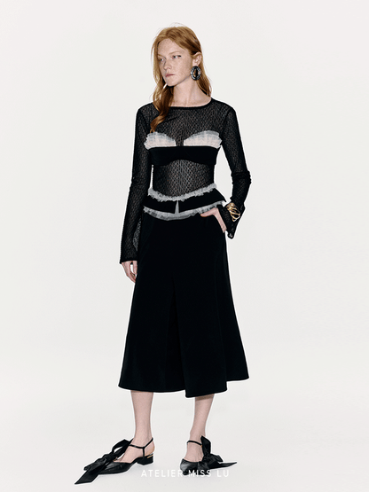 ATELIER MISS LU Waist Tulle Panel Design Wide Leg Pants - ARINA