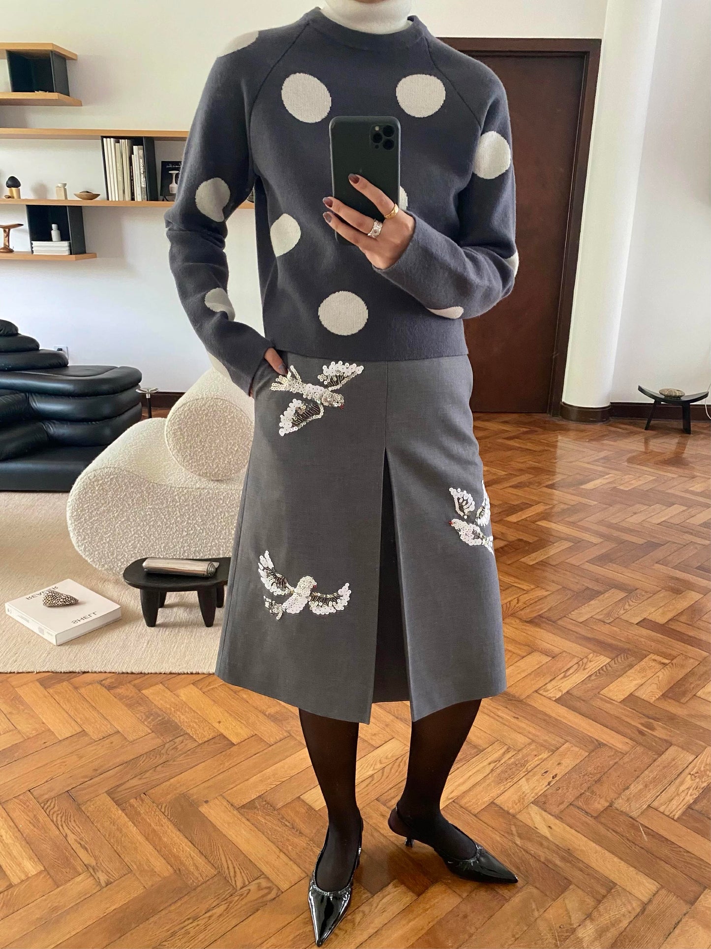 SERRER Gray polka dot jacquard fake two high-necked cropped knitted sweaters - PRIYA.