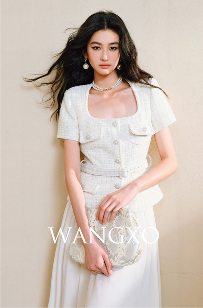 WANGXO Filigree Lumina Top High-End Delicate Webbing Belt & Square Neckline - MIRNA