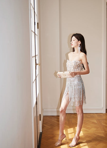 DOLLY Elegant Chest Wrap Glittering Tassel Tube Top Beaded Short Sexy Dress-LENORA  (V)