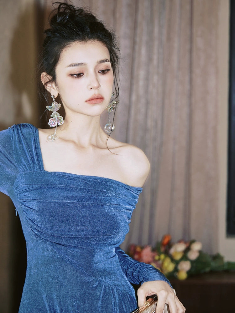 DOLLY Luxury Fog Blue Pleated Off Shoulder Slant Collar Long Sleeve Banquet Dress-MAYA