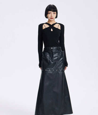 TINY IN High Waist Leather Panelled Fishtail Black Skirt-RIHA