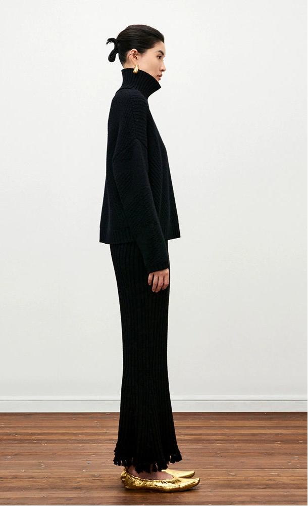 ZHUCHONGYUN Black Coarse Stitch Ribbed Turtleneck Sheep Wool Knit Top-NODA.