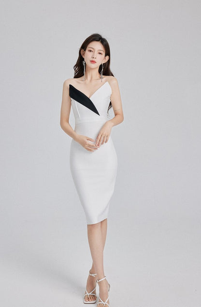 DOLLY Elegant Black and White Sleeveless Bandeau One Shoulder Long Dress-DEVIKA