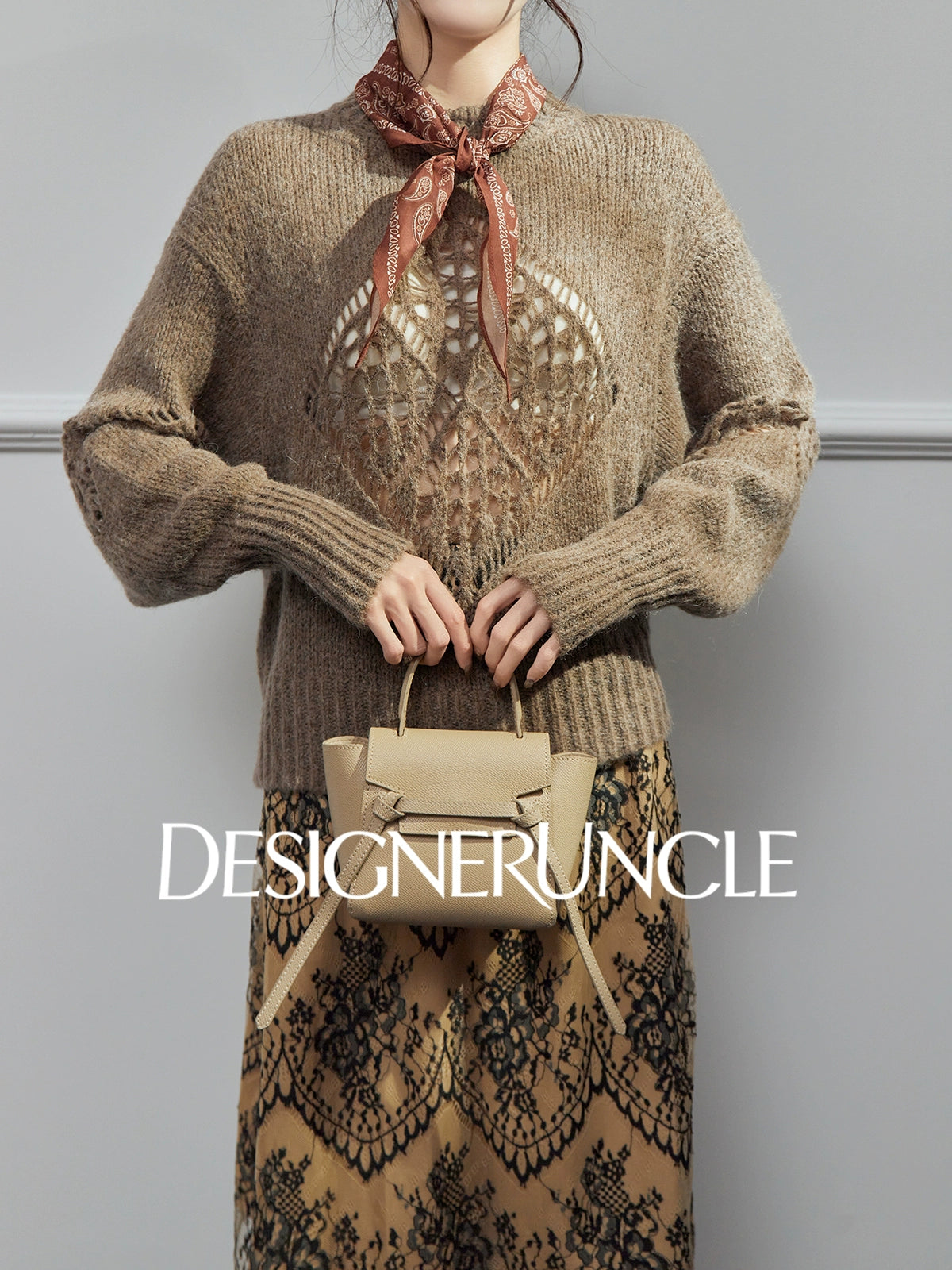 DGU| Light brown light luxury hollow design fashionable comfortable knitwear - Brianna.