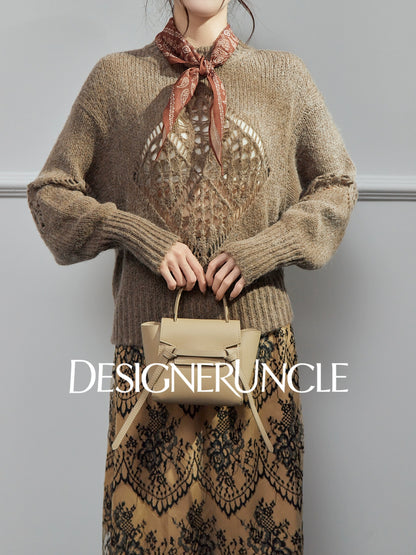 DGU| Light brown light luxury hollow design fashionable comfortable knitwear - Brianna.