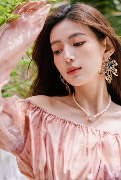 DOLLY Luxury Retro French Style Long Sleeve Top+ Retro Print Midi Slit Skirt-BIANCA