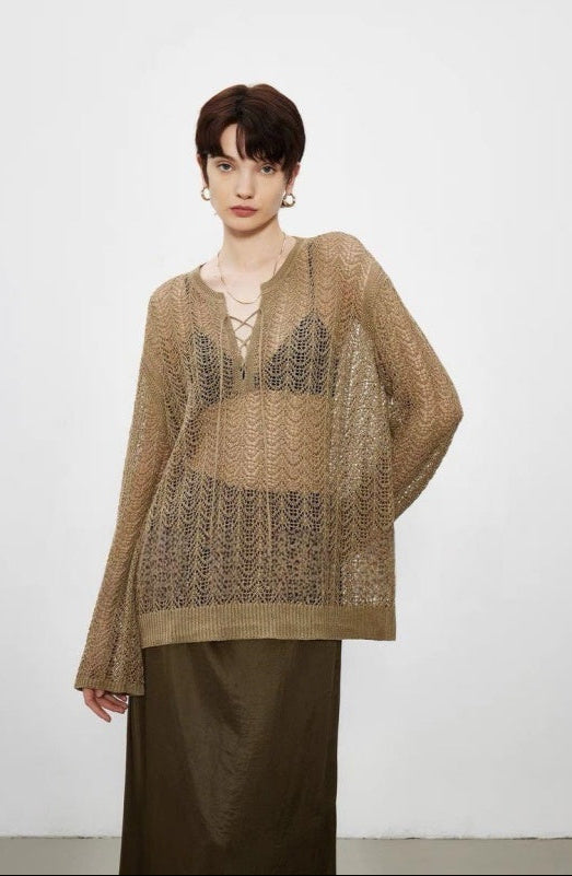 PIAOIN light luxury cut-out lace-up yarn knitted blouse women's loose Tencel jacket -WILLOW