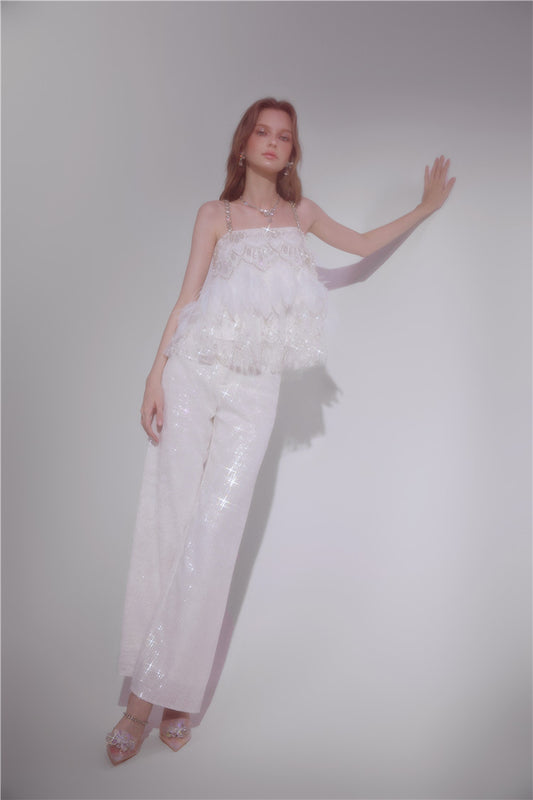 Wardrobes by Chen White sequin Strap Lace Loose Top High Waist Straight Pant-Lacey