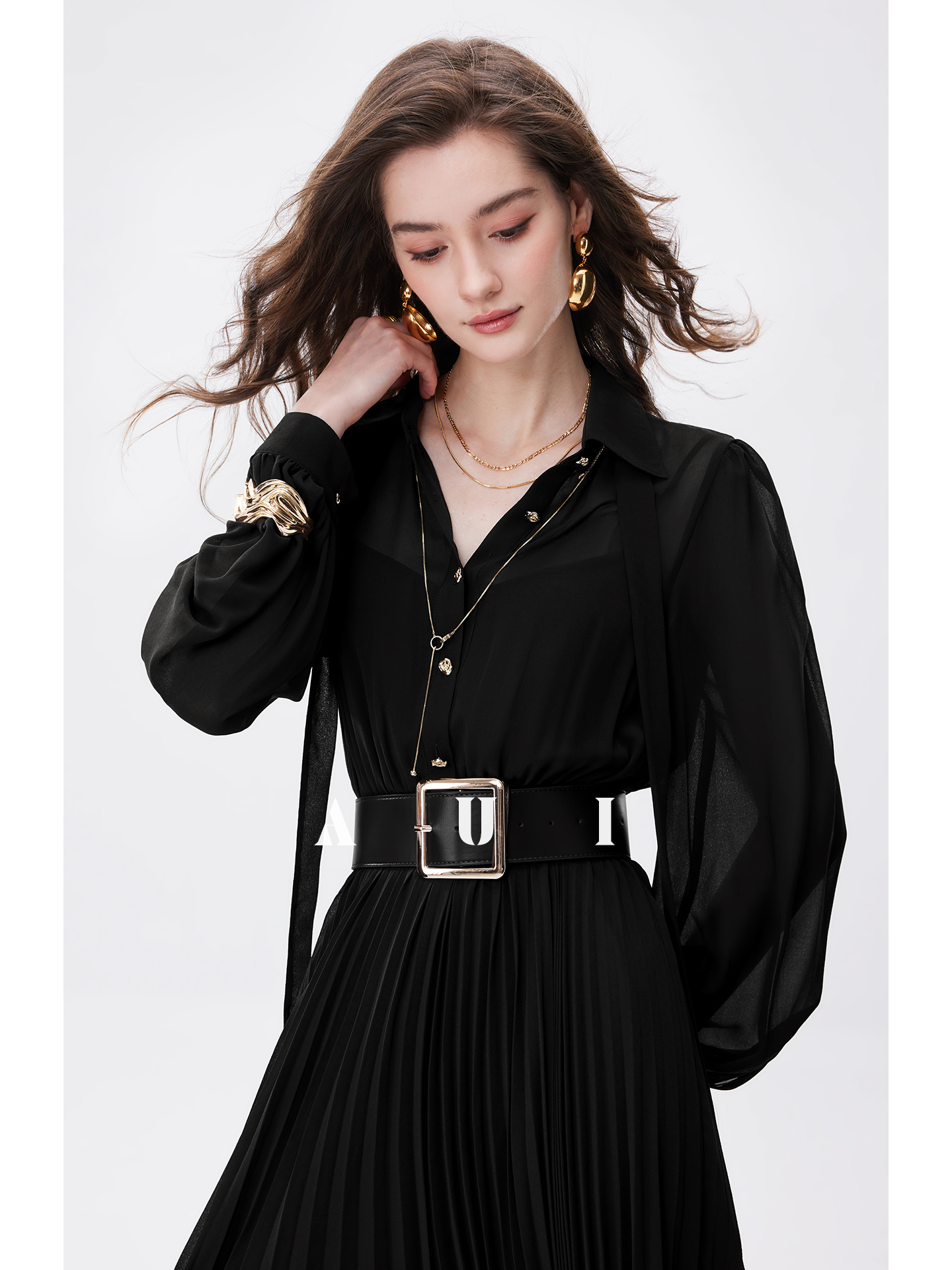 AUI Black Professional Temperament Chiffon Shirt Puff Sleeve Slim Polo Dress - Ha-rin.
