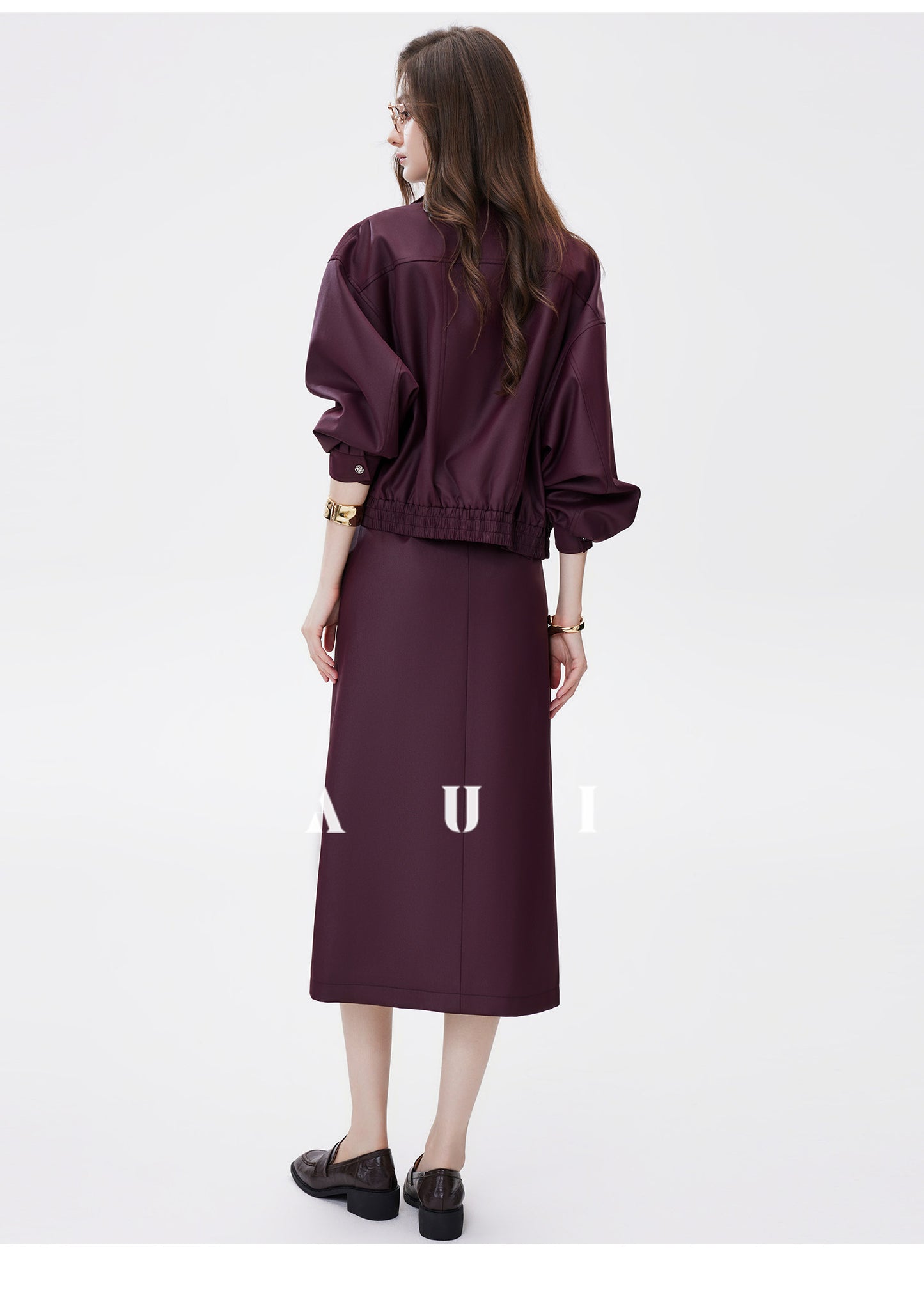 AUI Quiet Luxury Style Stand Collar Jacket Slit A-Line Skirt Two-Piece Set -  Eun Ae!