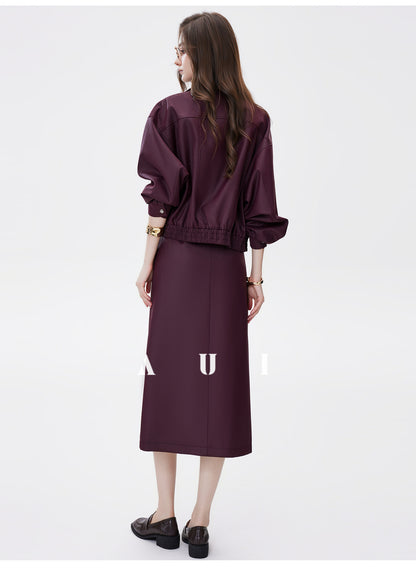 AUI Quiet Luxury Style Stand Collar Jacket Slit A-Line Skirt Two-Piece Set -  Eun Ae!