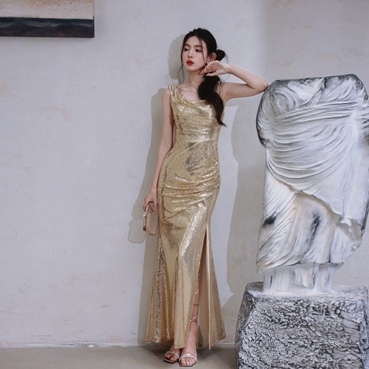 DOLLY Elegant Gold Sleeveless Open Neck Backless Glitter Banquet Dress-BOMA (V)