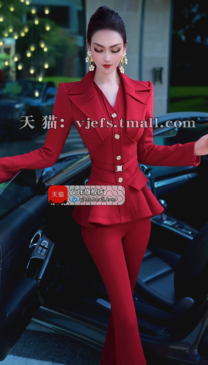 VJE Jacket High-Waisted Flared Pants Two-Piece Set - DAMO.