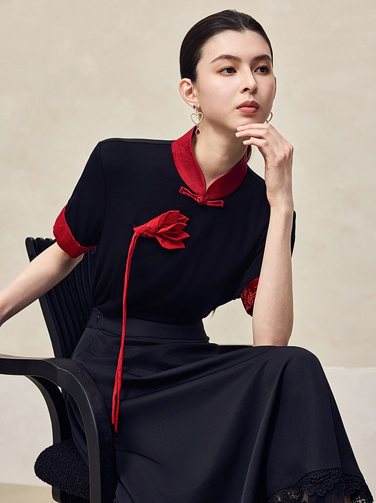 HECO Polyester Handmade Flower Mandarin Neckline Short Sleeve  Black T-Shirt - EVE.