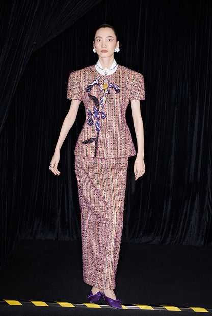 M essential Ma Kai designer kneaded gold coarse spinning iris stacked embroidery slim top - LIVING.