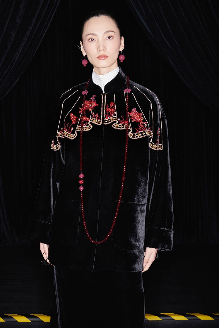 M essential Mackay designer silk velvet two-dimensional fish algae curtain bead jacket - BIDING.