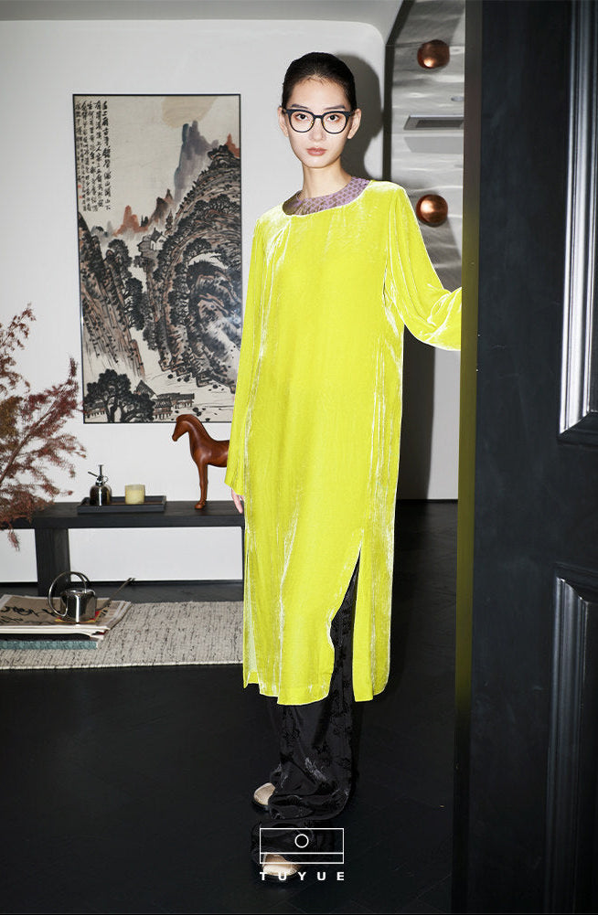 TUYUE Willow Yellow Satin Woven × Silk Velvet H-Shaped Slit Dress- FRANKLIN.