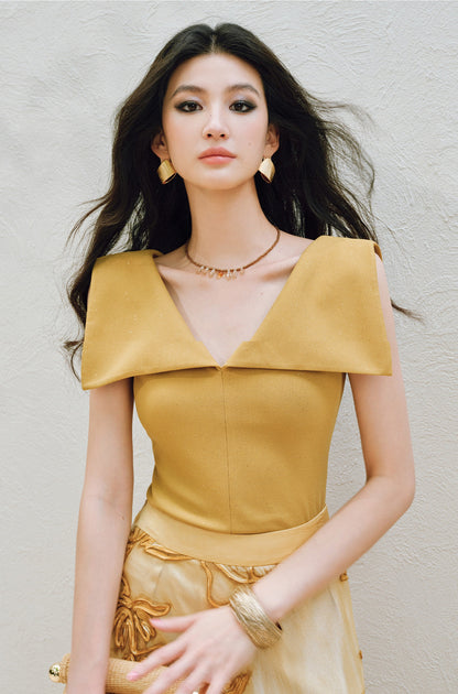 WANGXO | Fine Glitter-Sprinkled Silver High-Elastic Hemp Knit  Layered V-Neck Slim Elegant Top -SANA