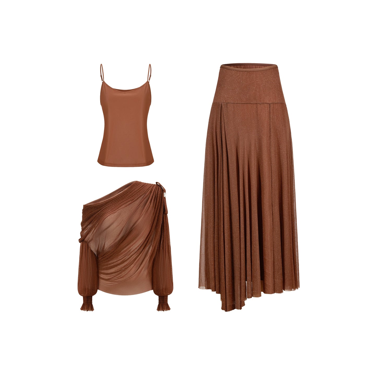 CHICHY design slanted shoulder mesh shirt long skirt three-piece-LIEN