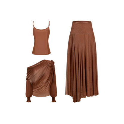 CHICHY design slanted shoulder mesh shirt long skirt three-piece-LIEN