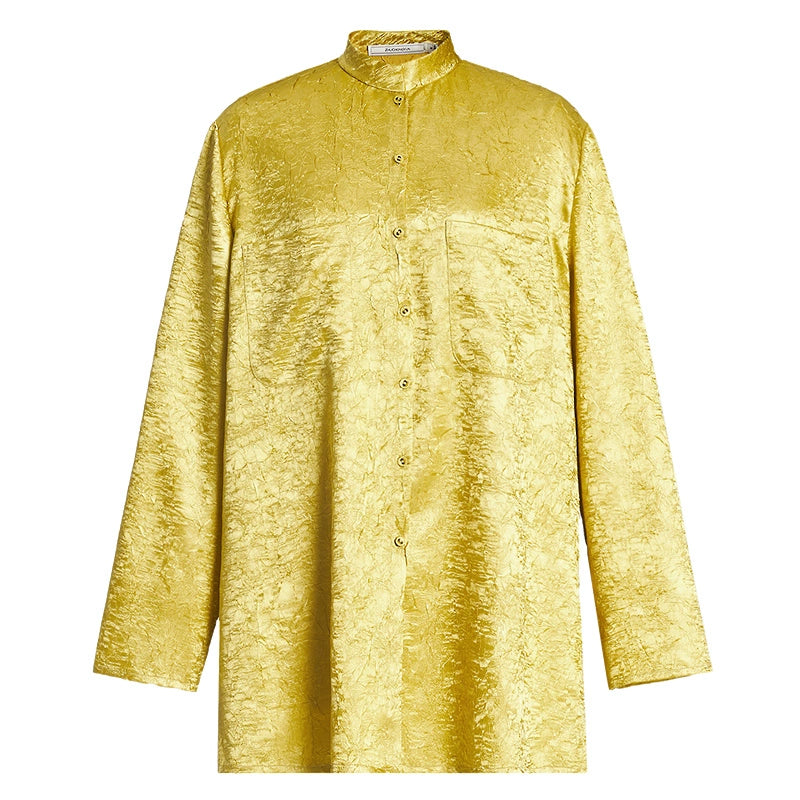 ZHUCHONGYUN loose tapered gold wrinkled satin trousers and top set--RIRI