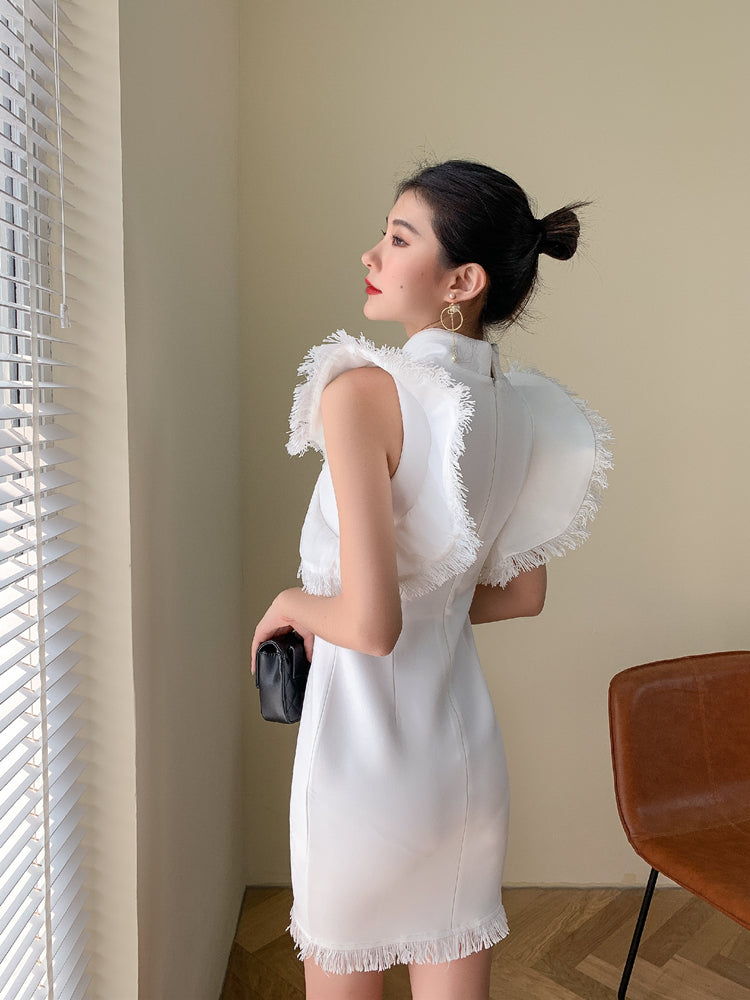 DOLLY Elegant White/Black Stand Collar Short Sleeve Slim Fit Short Fringe Dress-FRIYA