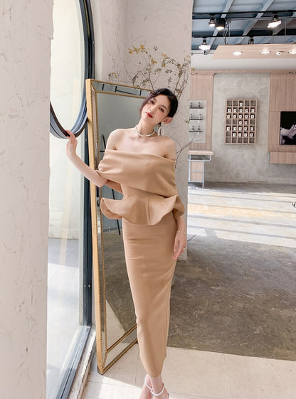 DOLLY High End Off Shoulder Peplum Tube Top Slim Fit Wedding Guest Dress-HANS