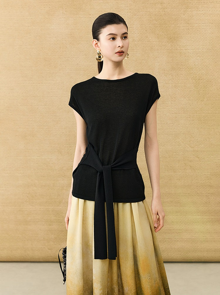 HECO Chinese Slimming Waist Linen Knit Breathable Crew Neck T-Shirt - INDIGO.