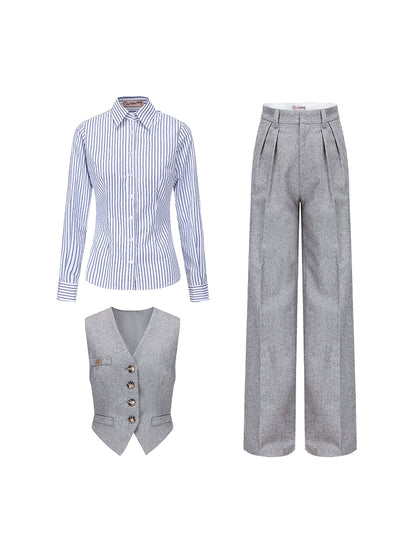 Le Palais Vintage Slim Woolen Vest + Long Sleeve Stripped Shirt + Long Wide Leg Pants-LIM