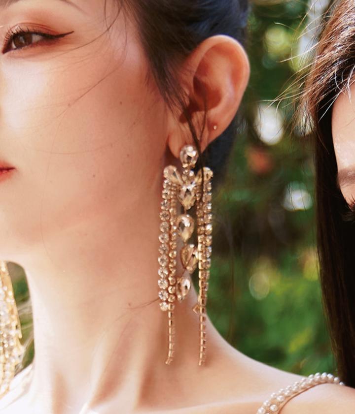 DOLLY Elegant Diamond Tassel Gold Earrings-JUANA