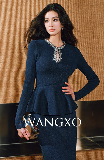 WANGXO | Water Drop Collar with Sequin Inlay Ruffle Hem Top & Skirt Set-VANA.