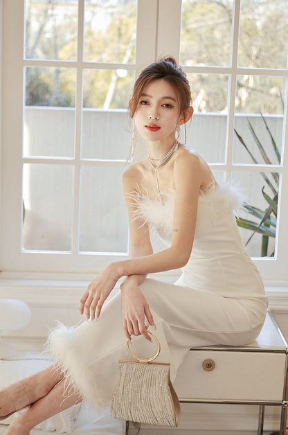 DOLLY Luxury White French Style Sleeveless Feather Tube Top Long Party Dress-HEIDI