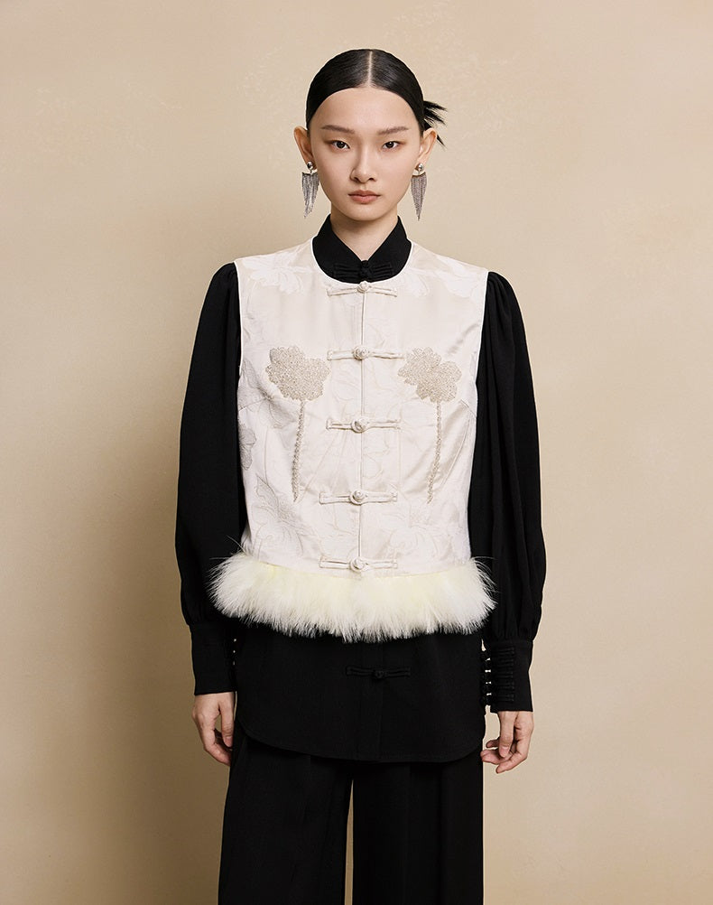 HECO 100% polyester Buckle Bead Embroidered pink apricot Round Neck Vest - spark.