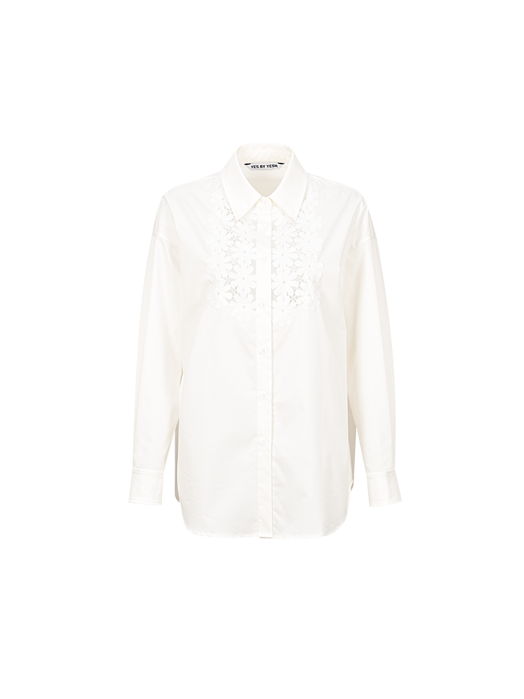 YES BY YESIR |  Stitched Lace Detail White Long-Sleeved Shirt -AMARIELLE.