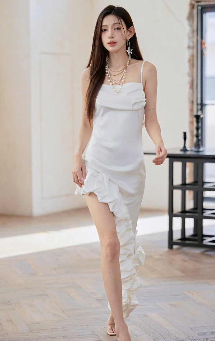 DOLLY Luxury White French Style Stain Sleeveless Irregular Hem Cocktail Dress-Lui