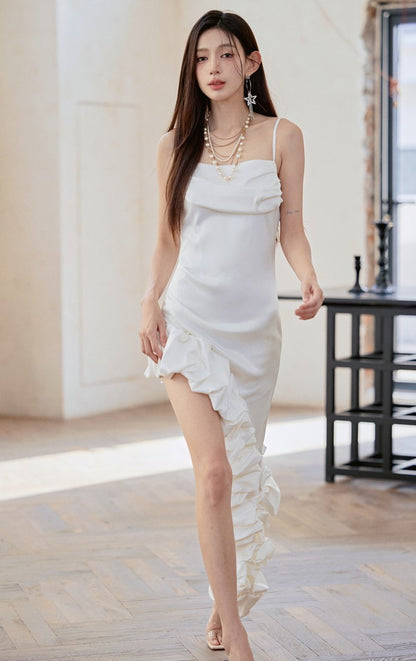 DOLLY Luxury White French Style Stain Sleeveless Irregular Hem Cocktail Dress-Lui