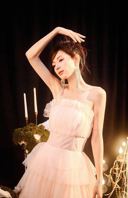 DOLLY Luxury Peach Pink French Style Tube Top Sleeveless High Waist Prom Dress-PEACHES