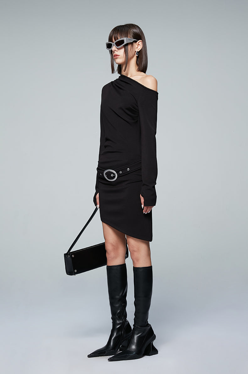 ANNAKIKI Slanted shoulder elastic belt long sleeve dress-CHICHI