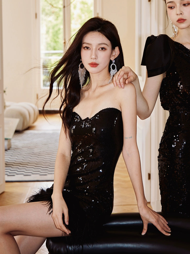 DOLLY Elegant Black One Shoulder Sequin Tube Top Short Feather Party Dress-MAVIS