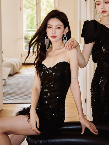 DOLLY Elegant Black One Shoulder Sequin Tube Top Short Feather Party Dress-MAVIS