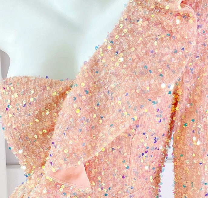 DOLLY Luxury White Sequined Slant Collar Off Shoulder Long Sleeve Dinner Dress-KAKA