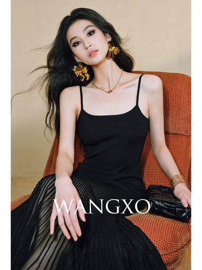 WANGXO | High-Quality Linen Tulle Temperament Suspender Fishtail Dress-LÉYA.