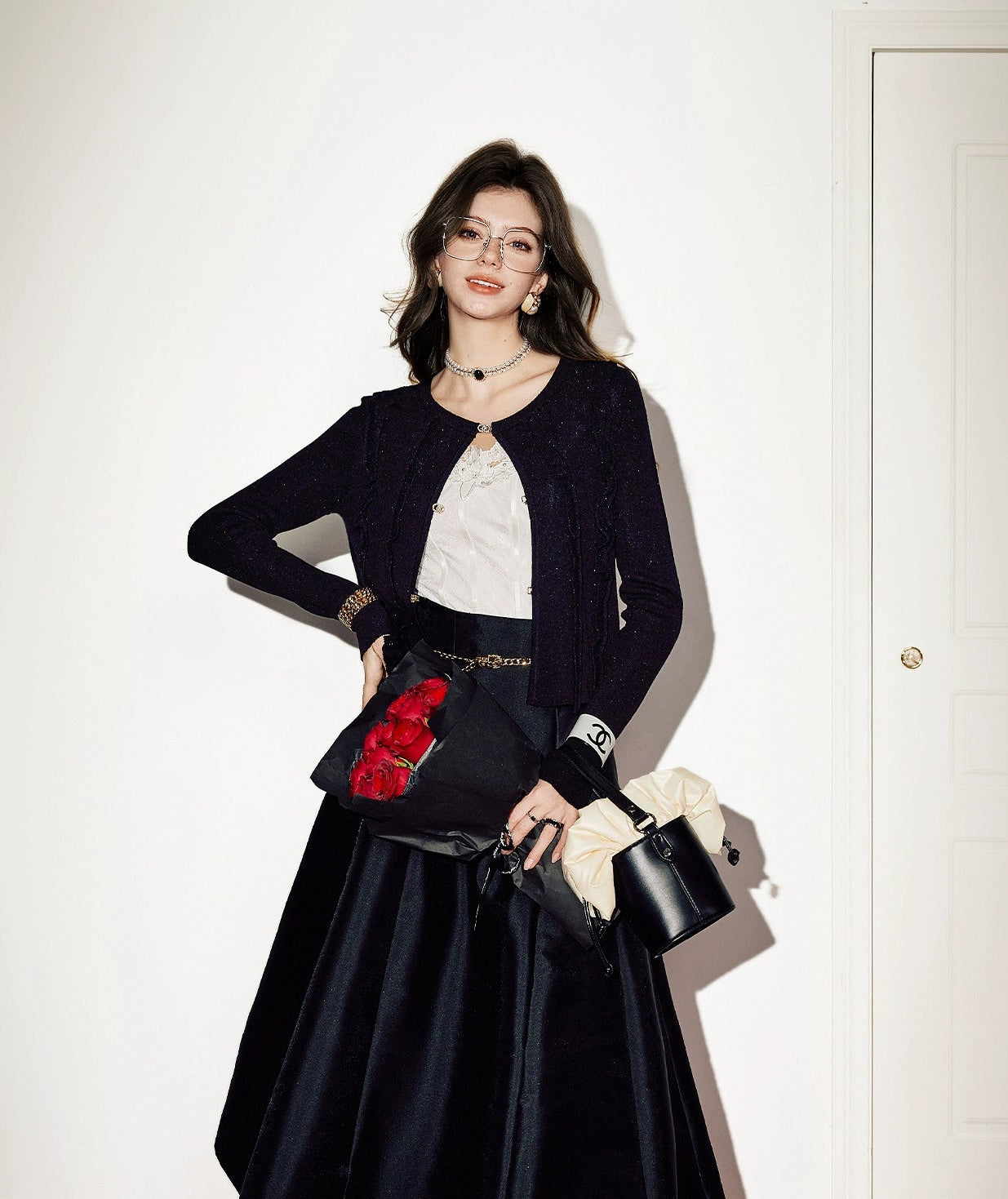 CHICHY French Hepburn style black A-line high-waisted long skirt-ROAN